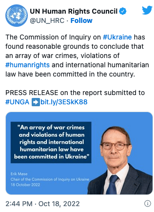 Captura de pantalla tweet Comisión Independiente de Investigación de Ucrania 