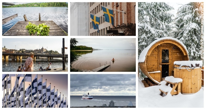 Kuvakollaasi-Suomalainen-kulttuuri-Ruotissa-Unsplash-Joakim-Honkasalo-Sauna-Ruotsin-lippu-vesistöt