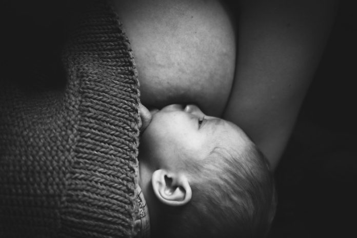 bébé prenant le sein photo en noir et blanc