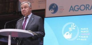Secretary-General António Guterres delivering remarks at the Paris Peace Forum in Paris, France