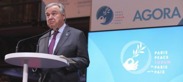 Secretary-General António Guterres delivering remarks at the Paris Peace Forum in Paris, France