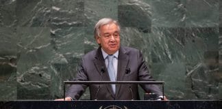 Le Secrétaire général de l'ONU, Antonio Guterres,à la tribune de l'Assemblée générale des Nations Unies