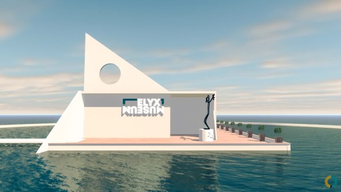 entrée du Elyx Museum, batiment blanc moderne en forme d'ile sur la mer