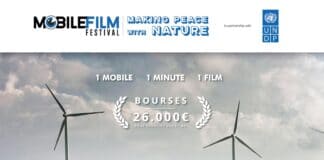 affiche du Festival, prairie verte avec deux éoliennes