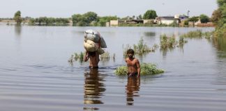 Un village sous les eaux à Matiari, dans la province de Sindh, au Pakistan, en août 2022.