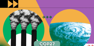 sur la moitié gauche de l'image, il y a une bulle avec trois cheminées industrielles dedans. De l'autre coté, une bulle avec l'oeil d'un ouragan. En bas, dans un bandeau vert clair, il est inscrit COP 27