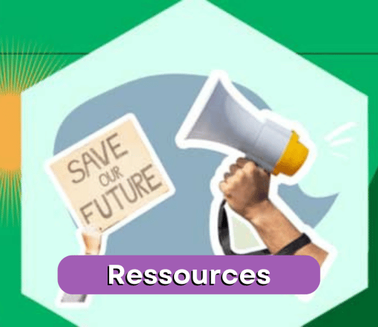 au centre de l'image, il y a une main brandissant un magnétophone et une brandissant un panneau "save the future". En bas, au centre, dans un bandeau violet, il est écrit "ressources".