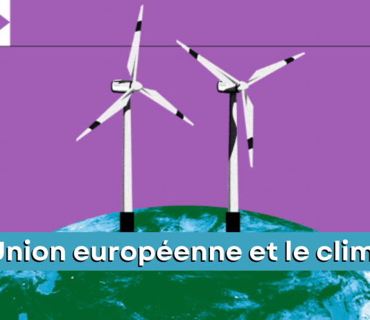 deux éoliennes sont posées sur la planète terre. par dessus, il y une bande bleue turquoise où est inscrit "l'union européenne et le climat".