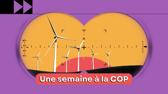 Dessin d'éolienne avec mention Une semaine à la COP27