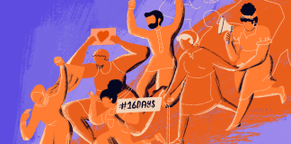 une groupe de personnages oranges avancent en tenant des pancartes. sur l'une d'elles, il est inscrit "#16 jours"