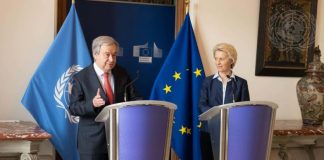 Conférence de presse de Ursula Von des Leyen, UE, et Antonio Guterres à Bruxelles.
