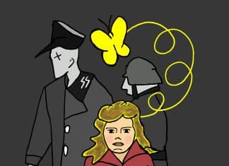 Bambina ebrea con guardie naziste alle spalle