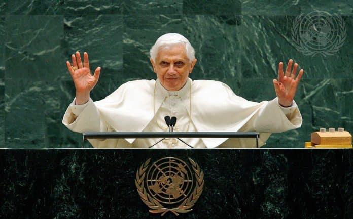 Pope Benedict XVI is addressing the United Nations