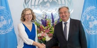 Secretary-General António Guterres (right) swears in Inger La Cour Andersen, Executive Director of the United Nations Environment Programme (UNEP)