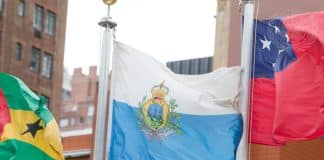 The flag of the Republic of San Marino (centre) flying at UN headquarters in New York.