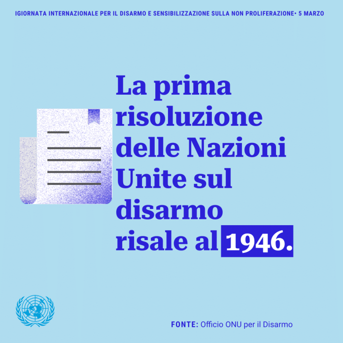 L'immagine mostra che nel 1946, è stato l'anno che l'ONU ha creato la prima risoluzione sul disarmo
