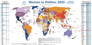 This infographic shows a map of where are women in politics in the year 2023