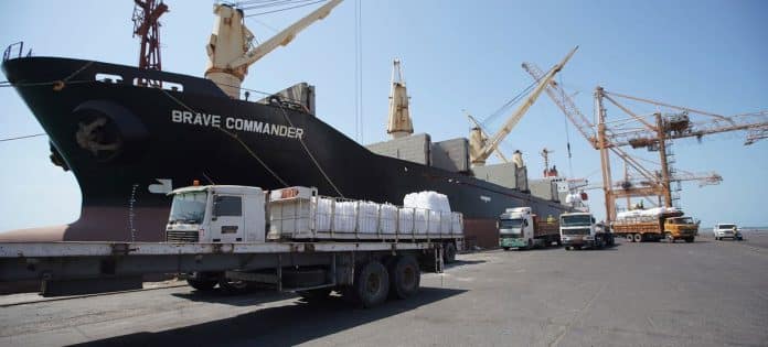 The MV Brave Commander berthed in Hodeidah port in Yemen carrying Ukrainian wheat flour milled in Turkiye