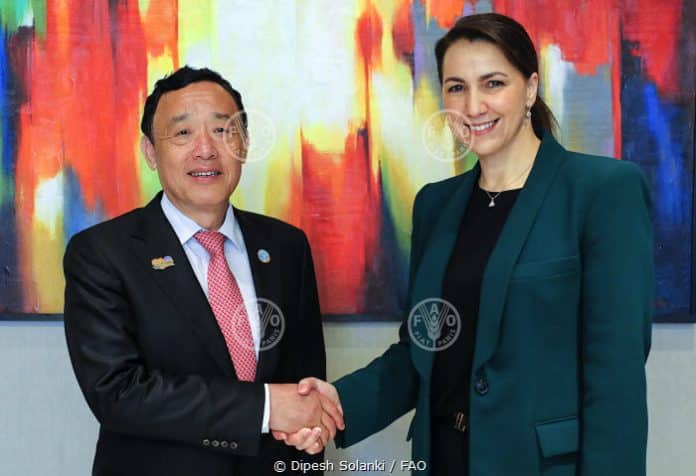 FAO Director-General QU Dongyu meeting with Mariam Al Mheiri, Minister for Climate Change and Environment of the United Arab Emirates (UAE) alongside the G20 Agriculture Ministers Meeting shaking hands