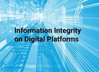 scritta su sfondo azzurro "Information integrity on digital platforms"
