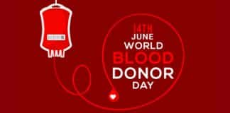 disegno di una flebo con il sangue e scritta in inglese "14 giugno Giornata mondiale del donatore di sangue"