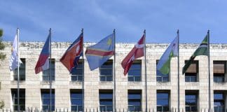 18 May 2021, Rome, Italy - Flags and building portrait, FAO HeadquarteRS