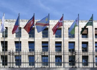 18 May 2021, Rome, Italy - Flags and building portrait, FAO HeadquarteRS