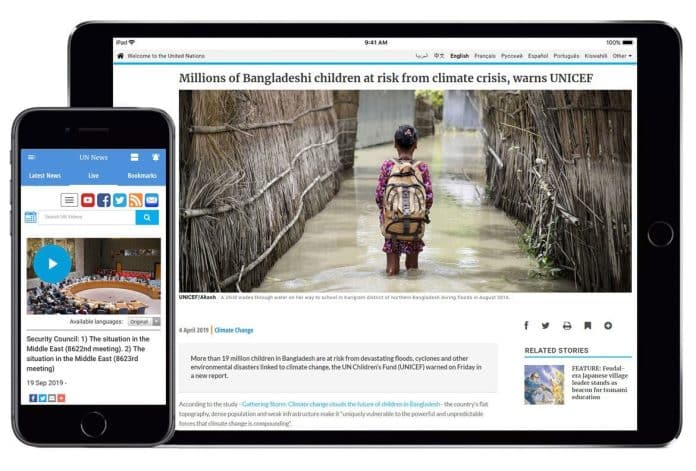 Schermata dell'app UN news su uno smartphone e su un tablet
