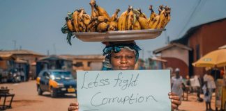 Manifestante in Ghana mostra cartello contro la corruzione