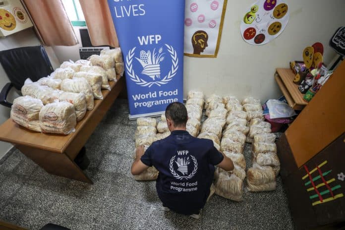 Distribuzione di cibo da parte del WFP in una scuola dell'UNRWA che è un rifugio designato in tempi di emergenza. La scuola si trova nel governatorato di Gaza e ospita più di 60 famiglie sfollate (750 persone) che sono state costrette a fuggire dalle loro case per la loro sicurezza e sopravvivenza. Queste famiglie hanno evacuato le loro case senza cibo, vestiti o qualsiasi altra fonte di sostentamento, salvando solo le loro vite.