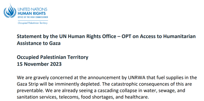 Dichiarazione dell'Ufficio delle Nazioni Unite per i diritti umani sull'accesso all'assistenza umanitaria a Gaza (15 novembre 2023).