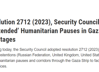 Adottando la risoluzione 2712 (2023), il Consiglio di sicurezza chiede una pausa umanitaria "urgente e prolungata" a Gaza e il rilascio immediato degli ostaggi