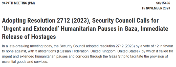 Adottando la risoluzione 2712 (2023), il Consiglio di sicurezza chiede una pausa umanitaria 