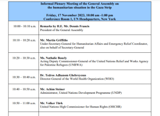 Assemblea Generale: Riunione plenaria informale sulla situazione umanitaria nella Striscia di Gaza (link al webcast ed elenco degli oratori)