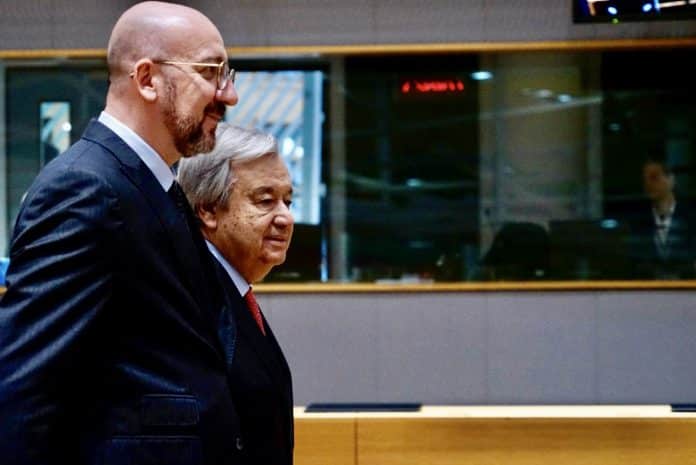 António Guterres e Charles Michel il 21 marzo 2024 a Bruxelles.