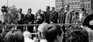 Gli astronauti statunitensi Neil Armstrong, Edwin Aldrin e Michael Collins visitano la sede delle Nazioni Unite a New York nel 1969.
