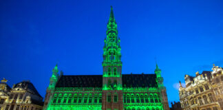 Stadhuis van Brussel in groen belicht voor Werleldmilieudag © Stad Brussel