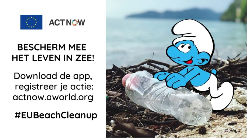 Visual van de Smurfen, de mascotte van de EU Beach Cleanup