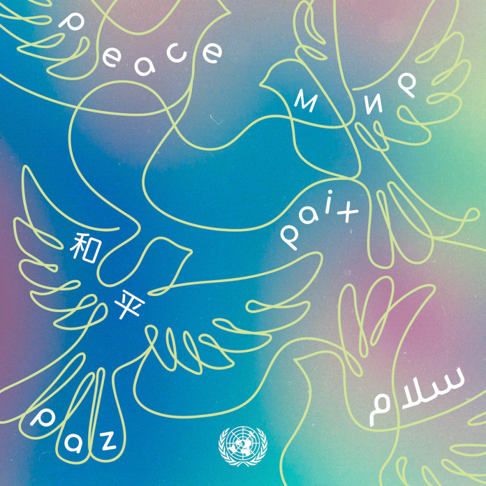 De vakantiekaart van de Verenigde Naties met een tekening van duiven en het woord 