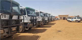 vrachtwagens voor Gazastrook afgebeeld in foto