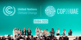 Een staande ovatie tijdens de goedkeuring van de slotverklaring van COP28 in Dubai, afgebeeld in foto.