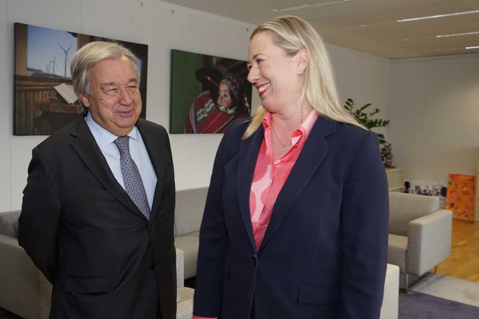 António Guterres, VN-Secretaris-Generaal en Jutta Urpilainen, Europees Commissaris voor Internationale Partnerschappen