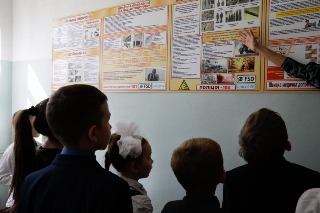 UNICEF Morris VII Photo Children attend a mine risk education session at a UNICEF supported school in Opytne in the Donetsk region