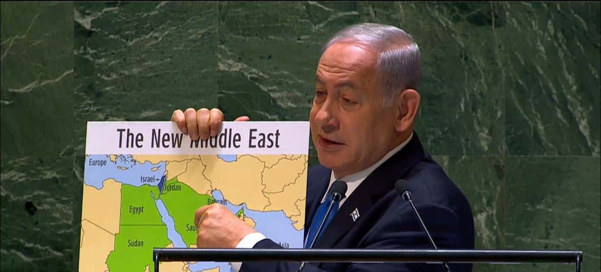 Israels statsminister Benjamin Netanyahu taler ved generalforsamlingen. Foto: UN News