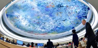 UN Human Rights Council the 'Human Rights and Alliance of Civilizations' room. Ceiling painting by Spanish artist Miquel Barceló.