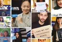 Kollage med voluntärer med skyltar där det står "I Had My Say, hashtag UN75"
