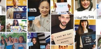 Kollage med voluntärer med skyltar där det står "I Had My Say, hashtag UN75"