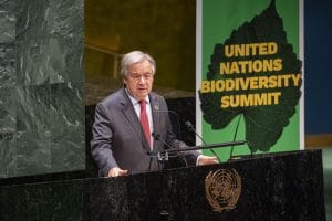 Generalsekreterare António Guterres talar inför FN:s generalförsamlingens toppmöte om biodiversitet