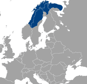 En karta som märker ut de norra delarna av Norge, Sverige, Finland och Ryssland som samernas befolkningsorter.