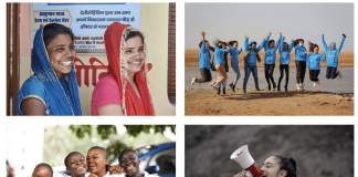 Fyra olika bilder på grupper av flickor av olika nationalitet